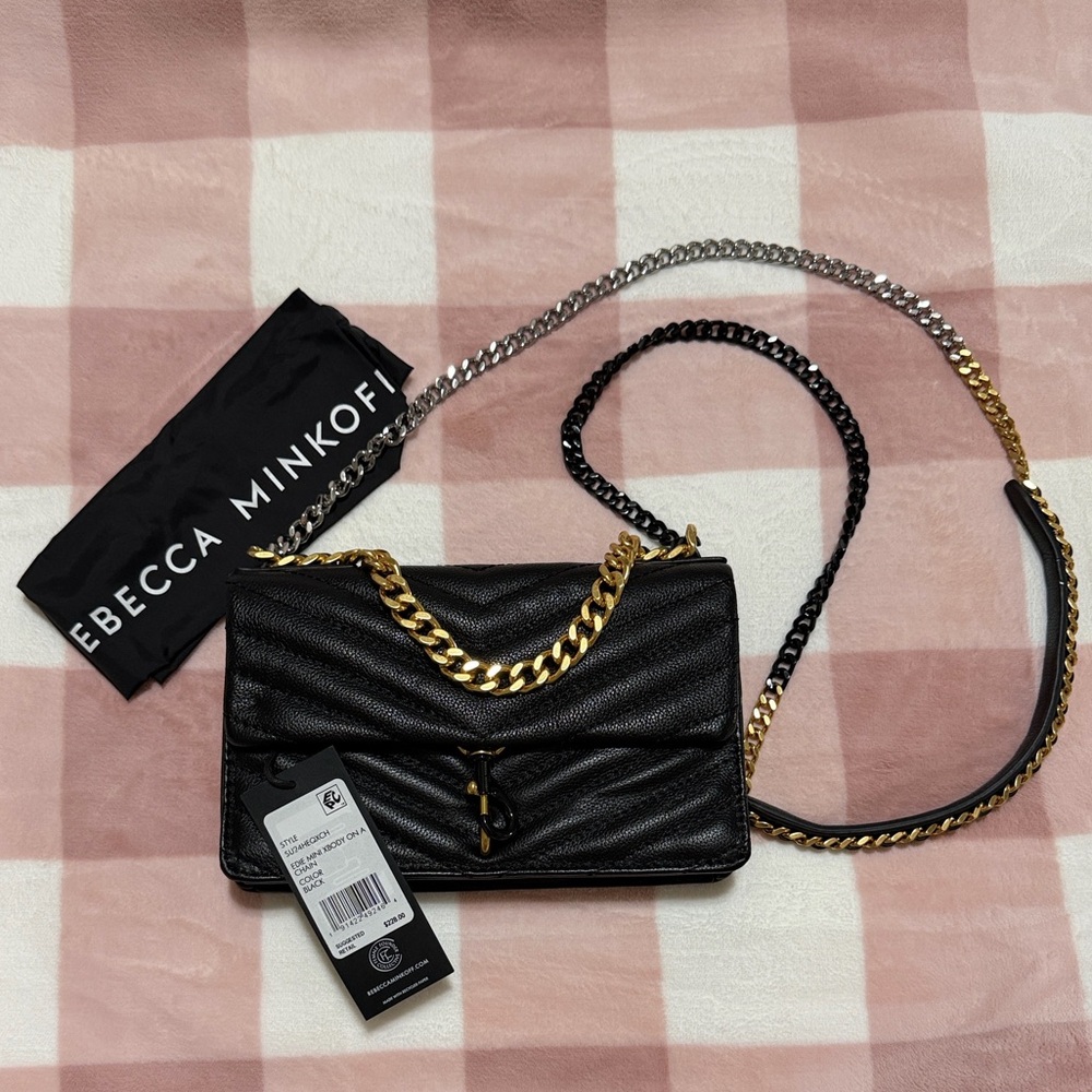 Rebecca Minkoff Black Edie Mini Crossbody on a Chain. Gold and Silver.
